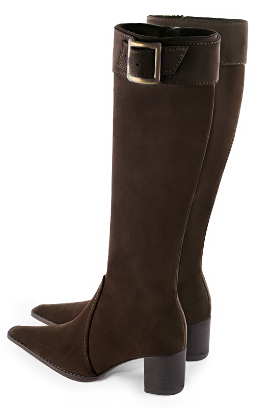 Dark brown women's feminine knee-high boots. Tapered toe. Medium block heels. Made to measure. Rear view - Florence KOOIJMAN